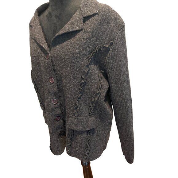 Women's Herman Geist Button-Up Gray Wool Blend Cardigan w/ Ruffle Details Sz XL - Picture 4 of 10